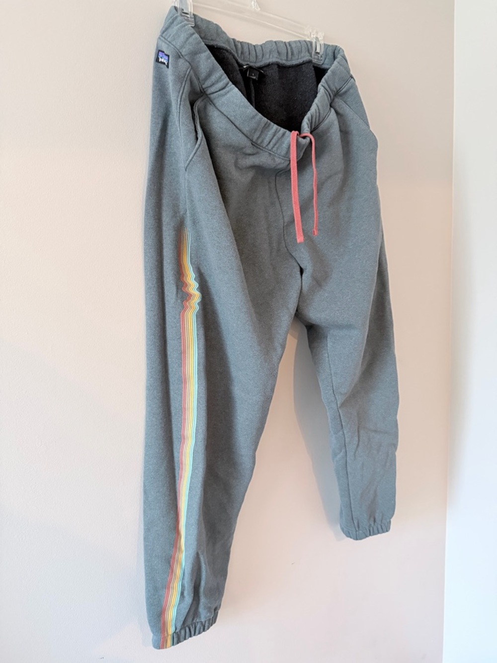 Patagonia Gray Sweatpants with Rainbow Side Stripe